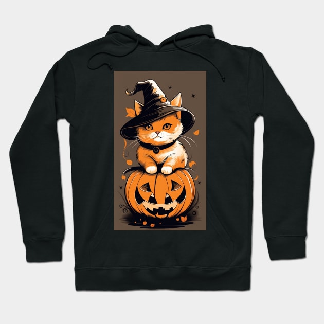 Cute Cat Wearing A Wizard Hat On A Pumpkin Hoodie by SanTees